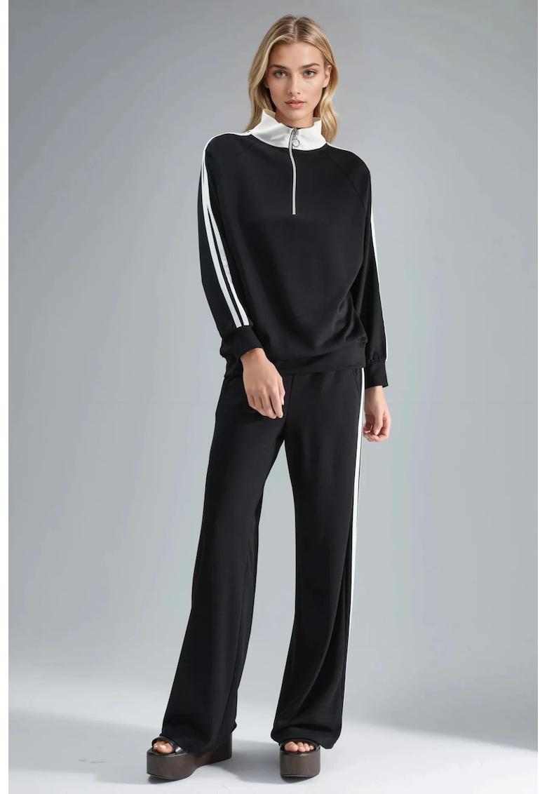 Set din doua piese - hanorac cu guler cu fermoar - pantaloni largi - negru - tricotaj
