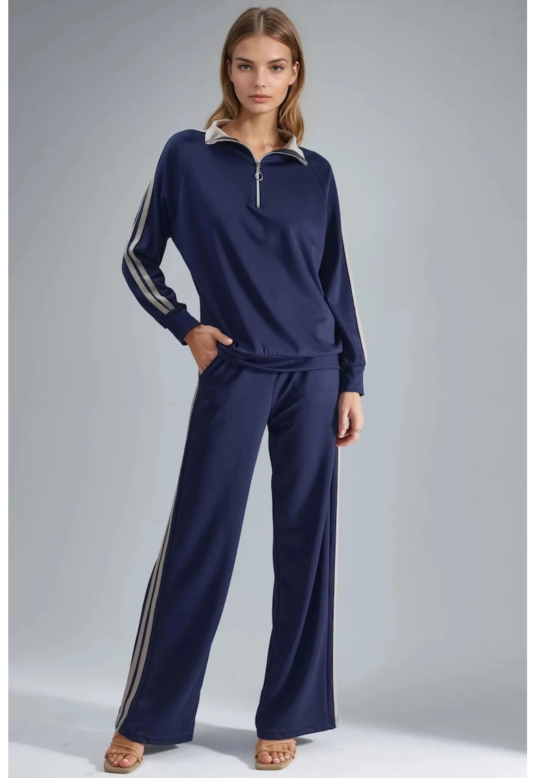 Set din doua piese - hanorac cu guler cu fermoar - pantaloni largi - dungi - albastru marin - tricot