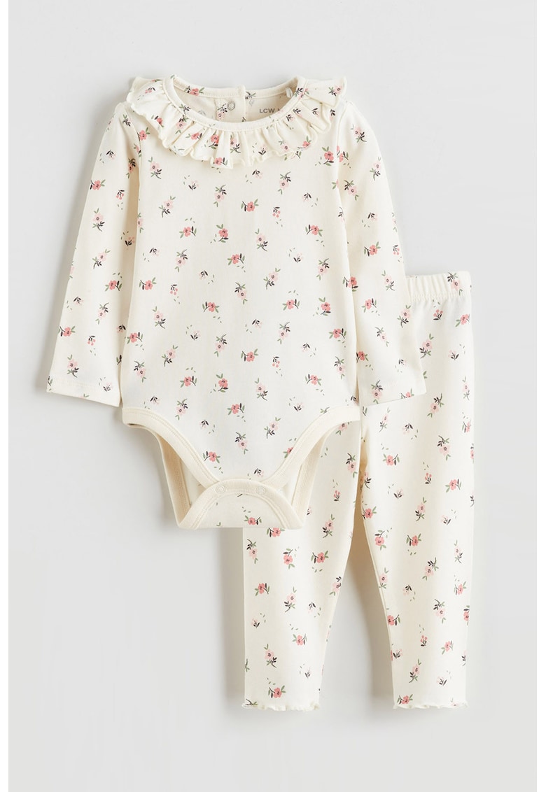 Set de colanti si body din amestec de bumbac cu model floral - 2 piese - Alb fildes/Roz