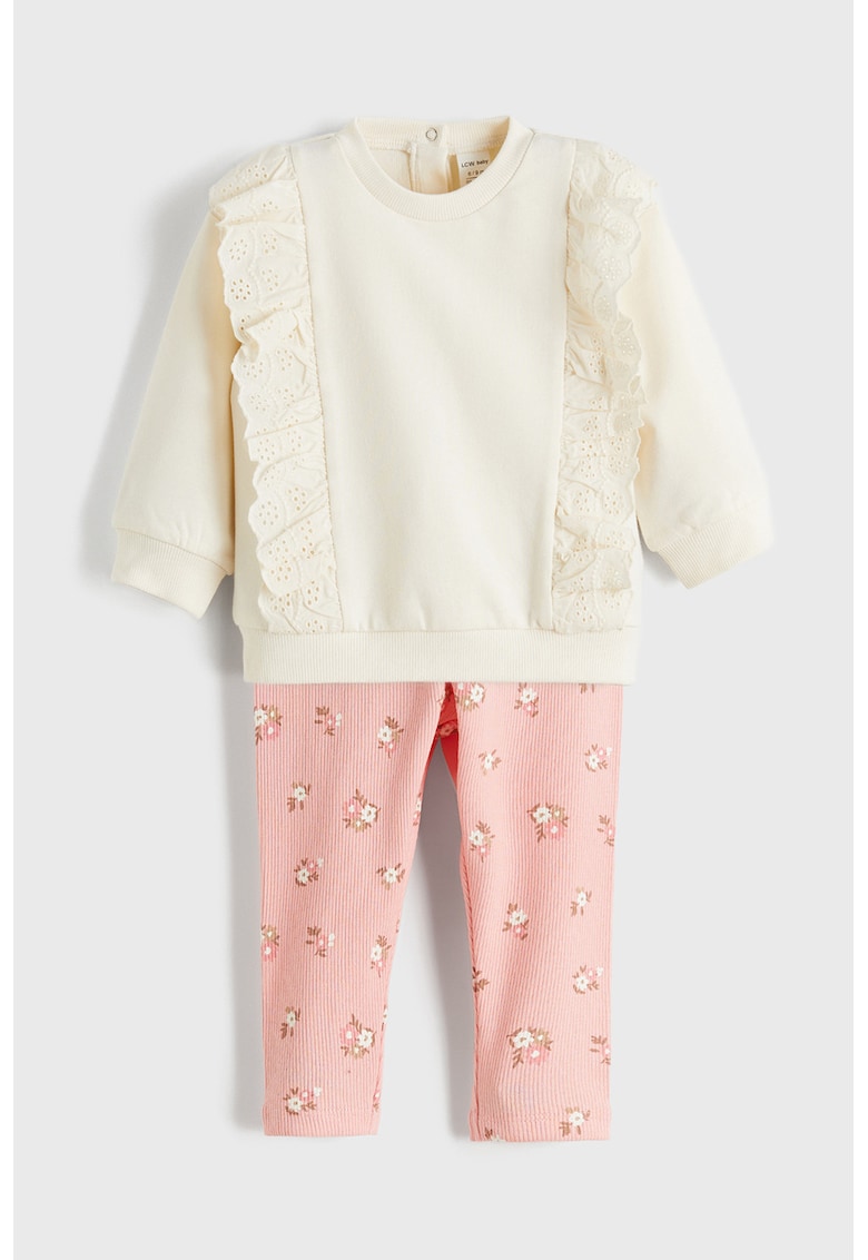 Set de bluza cu volane si colanti - 2 piese - Roz/Crem