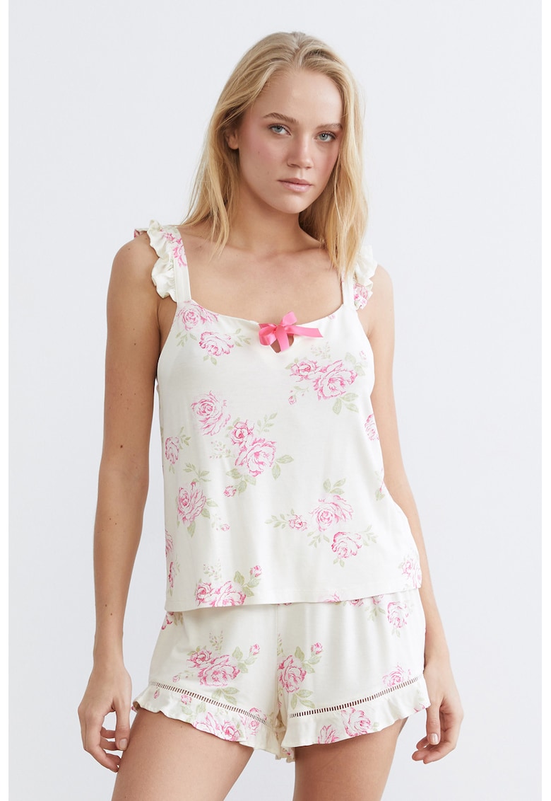 Pijama cu pantaloni scurti si imprimeu floral - Fucsia/Alb murdar