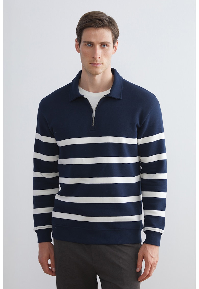 Bluza de trening cu model in dungi si decolteu cu fermoar scurt - Alb/Bleumarin
