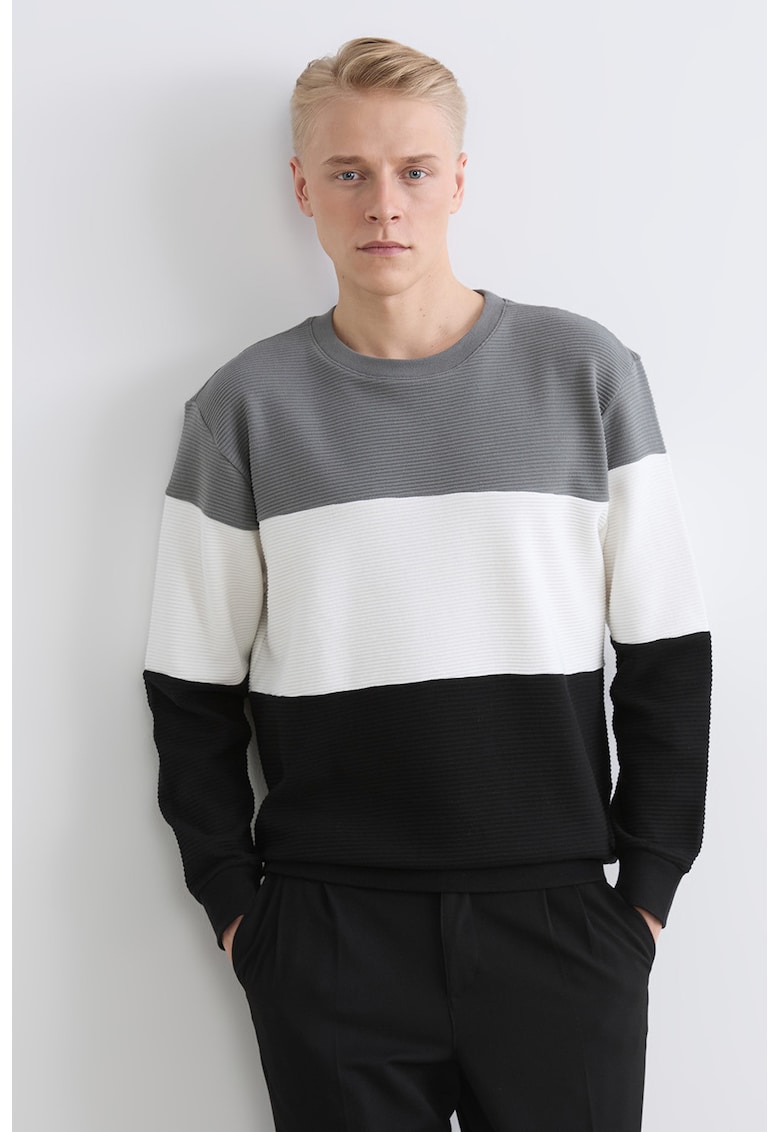 Bluza de trening cu model colorblock si decolteu la baza gatului - Alb/Negru/Gri