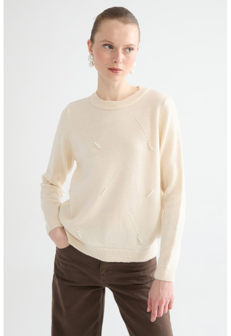 Pulover regular fit cu decolteu la baza gatului - Bej deschis