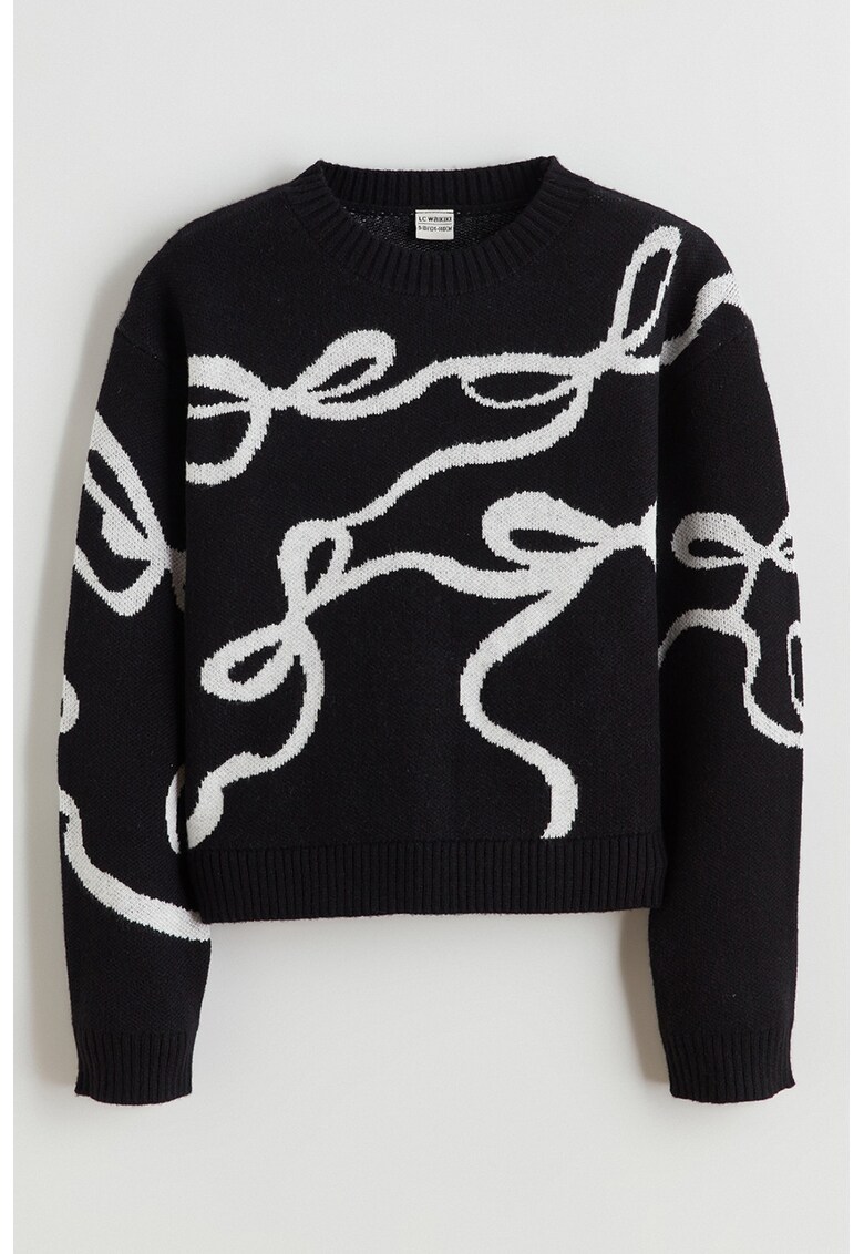 Pulover cu imprimeu si decolteu la baza gatului - Negru/Alb murdar