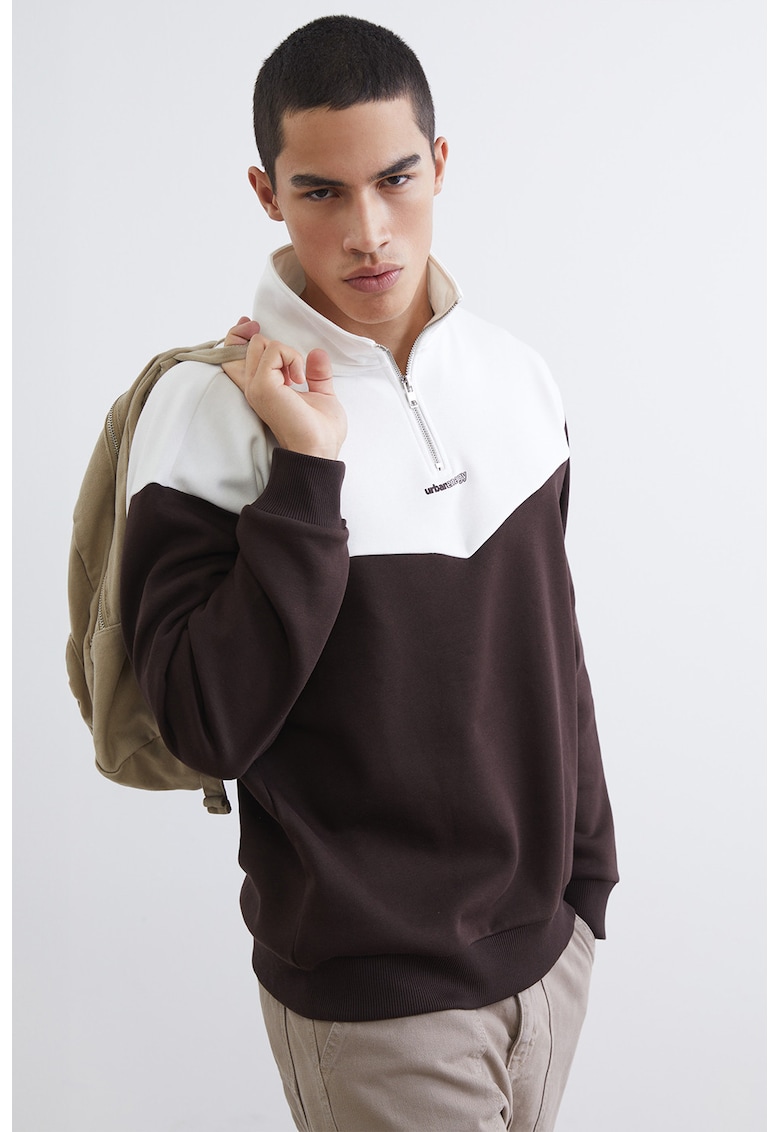 Bluza de trening din amestec de bumbac cu fermoar - Alb/Maro pamantiu