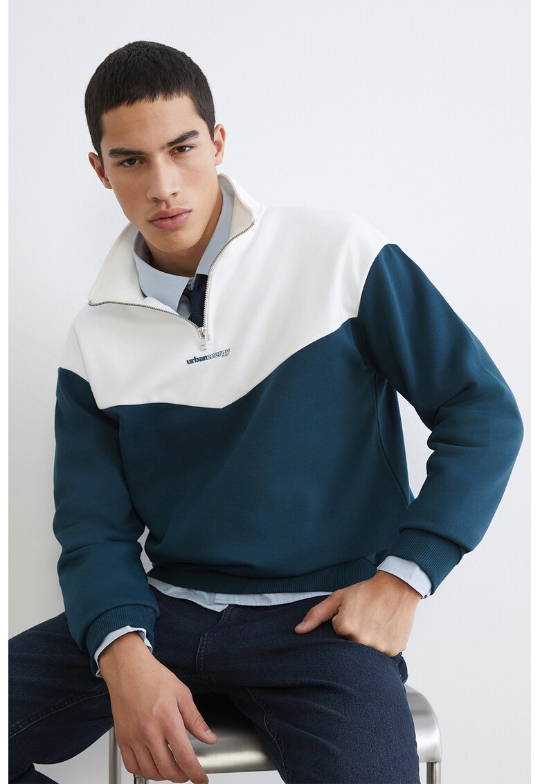 Bluza de trening din amestec de bumbac cu fermoar - Alb murdar/Albastru petrol
