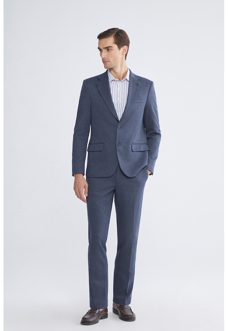 Pantaloni slim fit cu model houndstooth si pliuri - Bleumarin