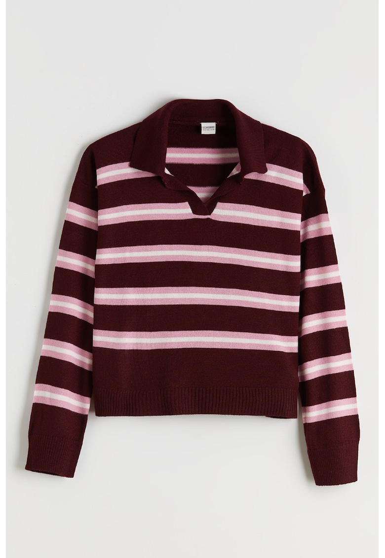Bluza polo lejera cu dungi - Rosu/Alb/Roz