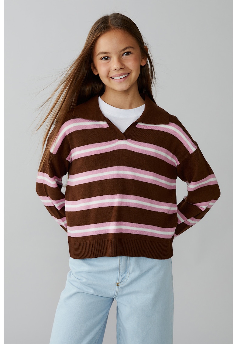 Bluza polo lejera cu dungi - Alb/Maro/Roz