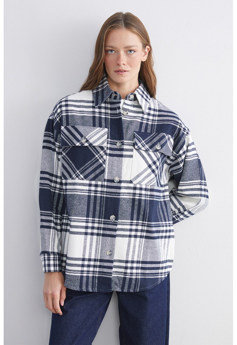 Jacheta-camasa lejera in carouri - Alb murdar/Bleumarin