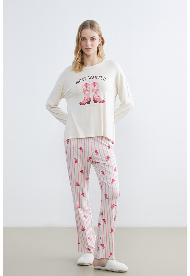 Pijama lunga cu imprimeu grafic - Rosu/Alb murdar