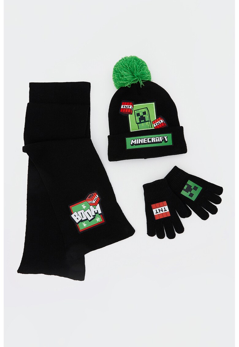 Set de caciula cu imprimeu Minecraft - fular si manusi - 3 piese - Negru