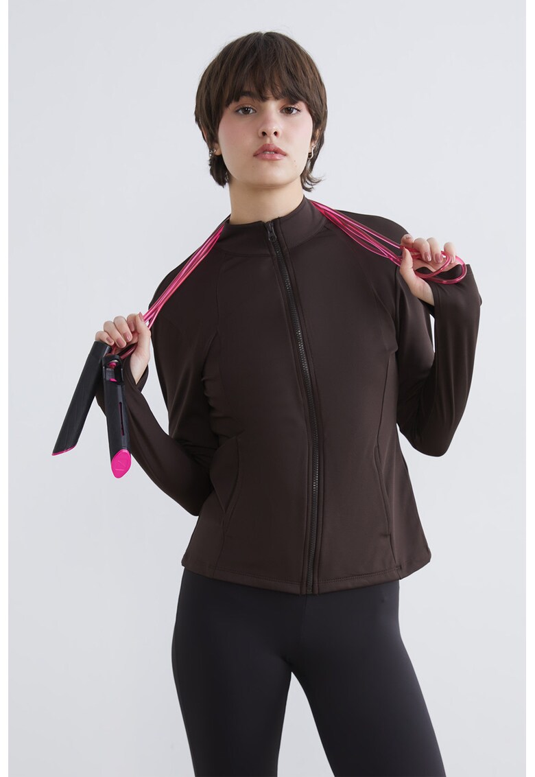 Bluza de trening cu fermoar si fenta pentru deget - Maro inchis