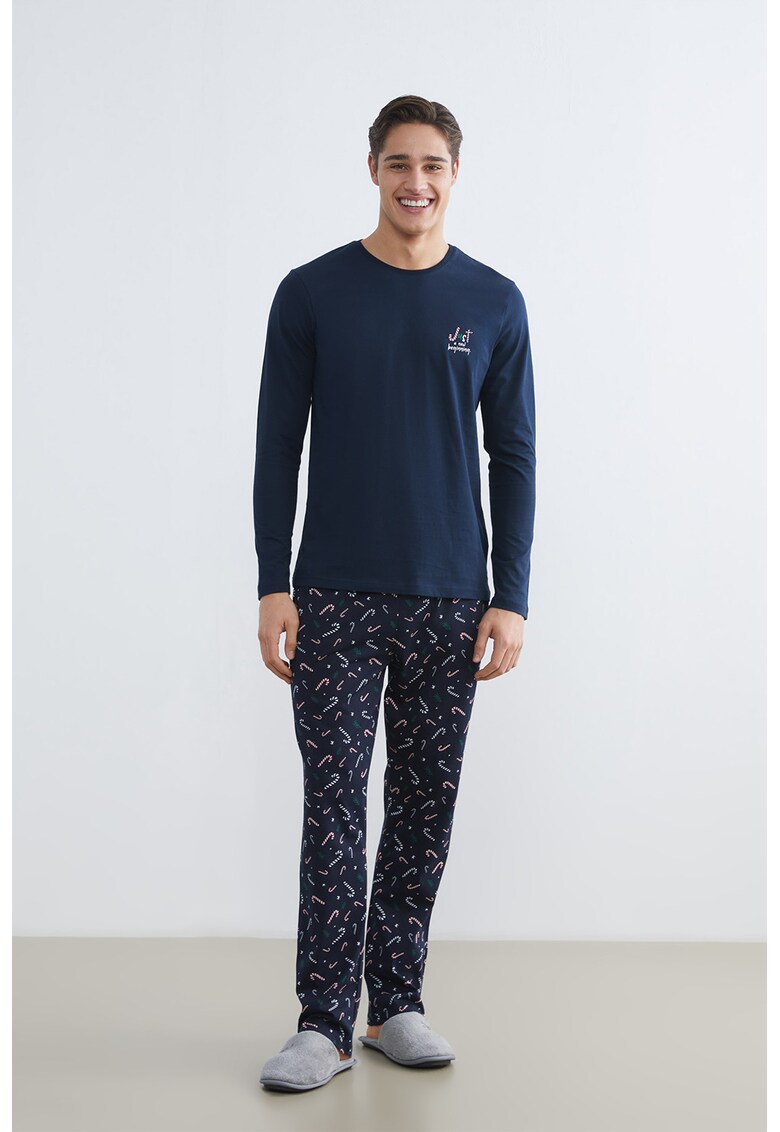 Pijama lunga de bumbac cu model de Craciun - Bleumarin