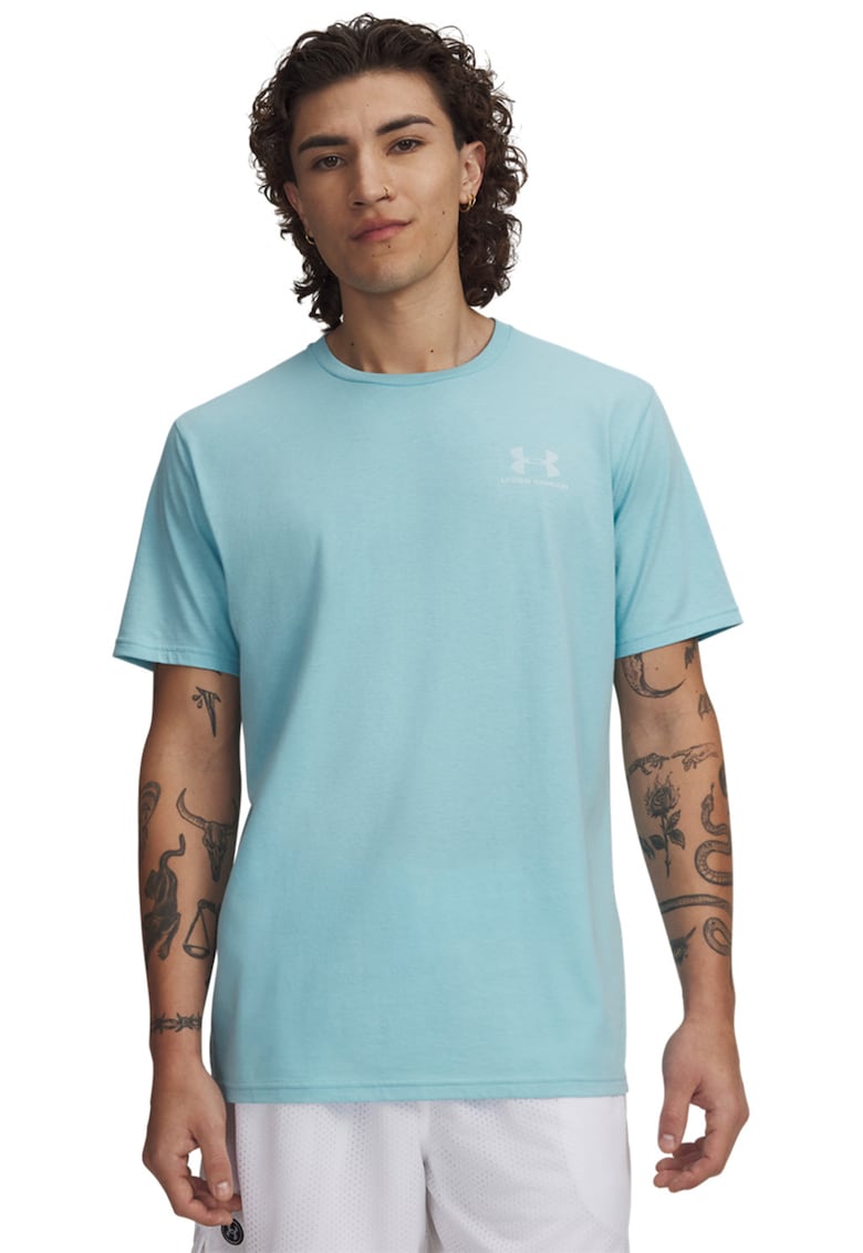 Tricou cu decolteu la baza gatului si logo - Alb/Albastru pastel