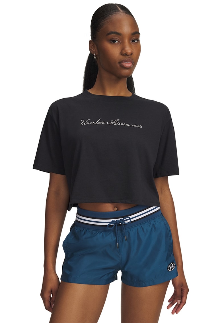 Tricou crop cu croiala lejera si logo decorat cu strasuri - Negru