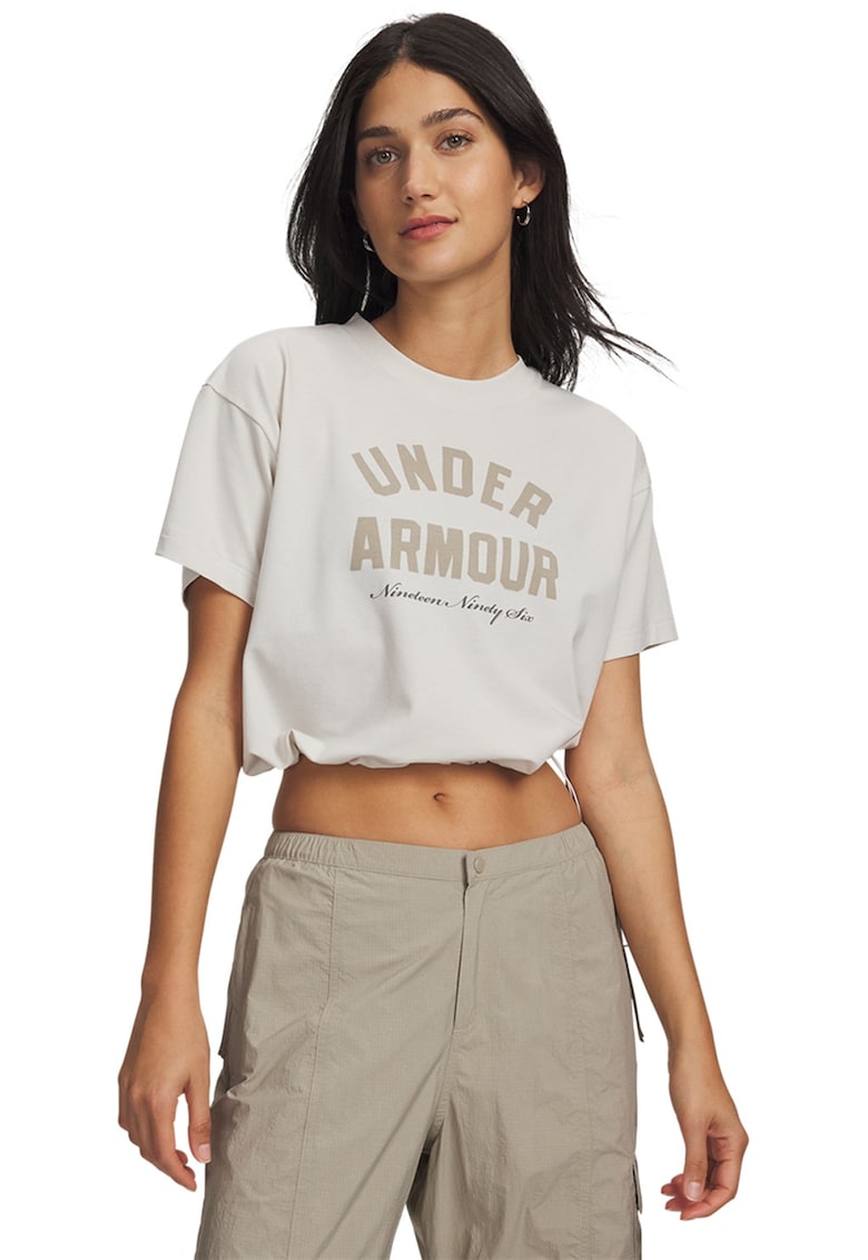 Tricou crop cu croiala lejera si imprimeu logo - Bej deschis