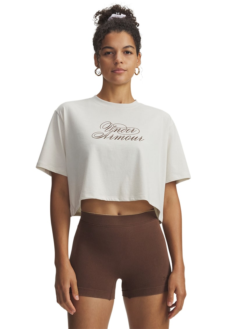Tricou crop Script Heart - Alb optic/Maro pamantiu