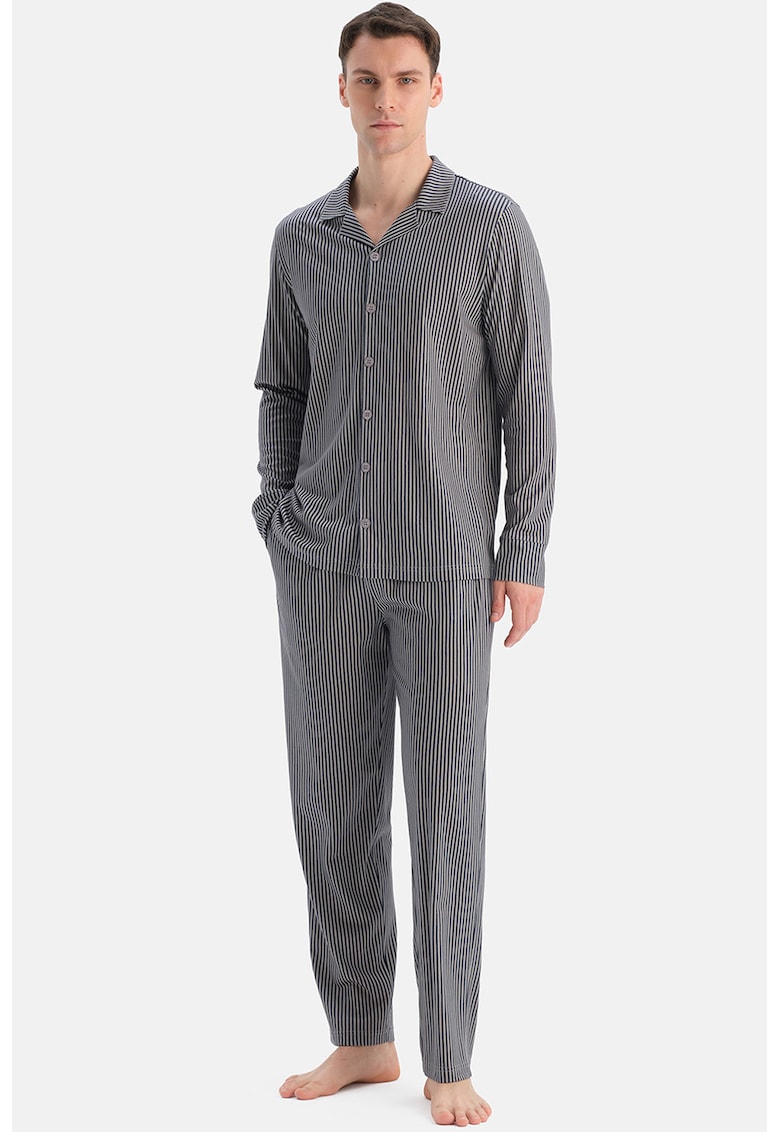 Pijama lunga din amestec de modal cu model in dungi - Gri melange/Bleumarin