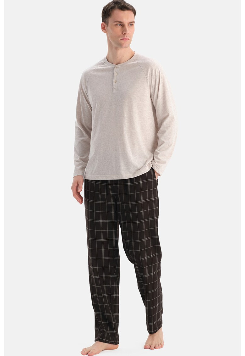 Pijama lunga din amestec de bumbac - Maro/Bej deschis