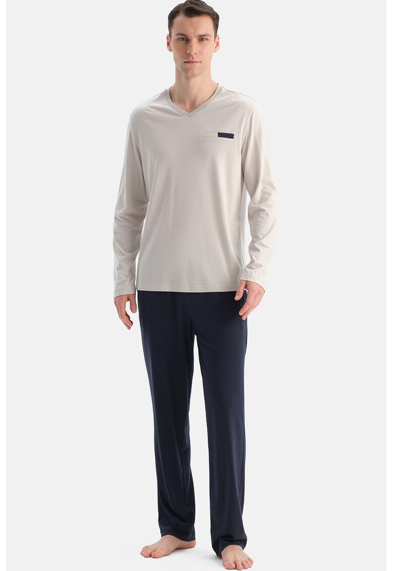 Pijama lunga din amestec de modal - Maro nisip/Bleumarin