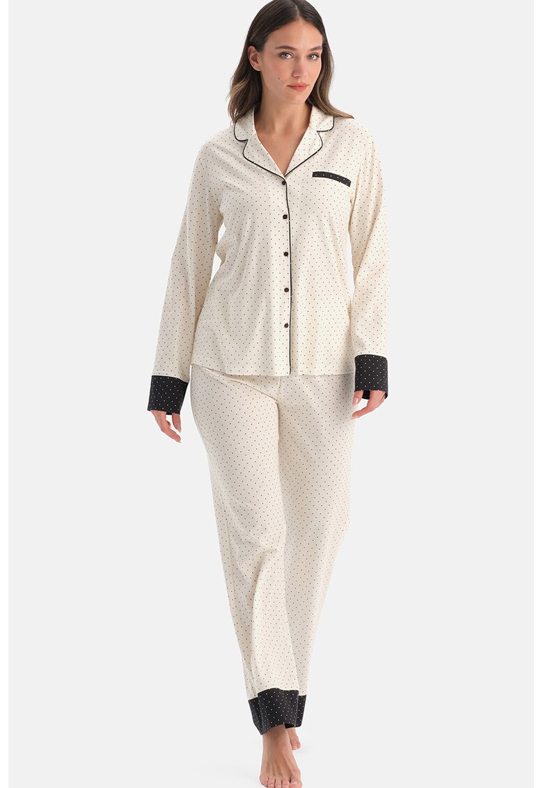 Pijama din amestec de modal cu buline - Alb fildes/Negru