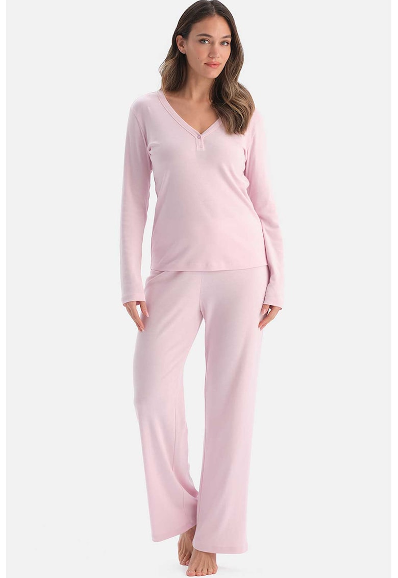 Pijama lunga cu decolteu in V - Roz pastel