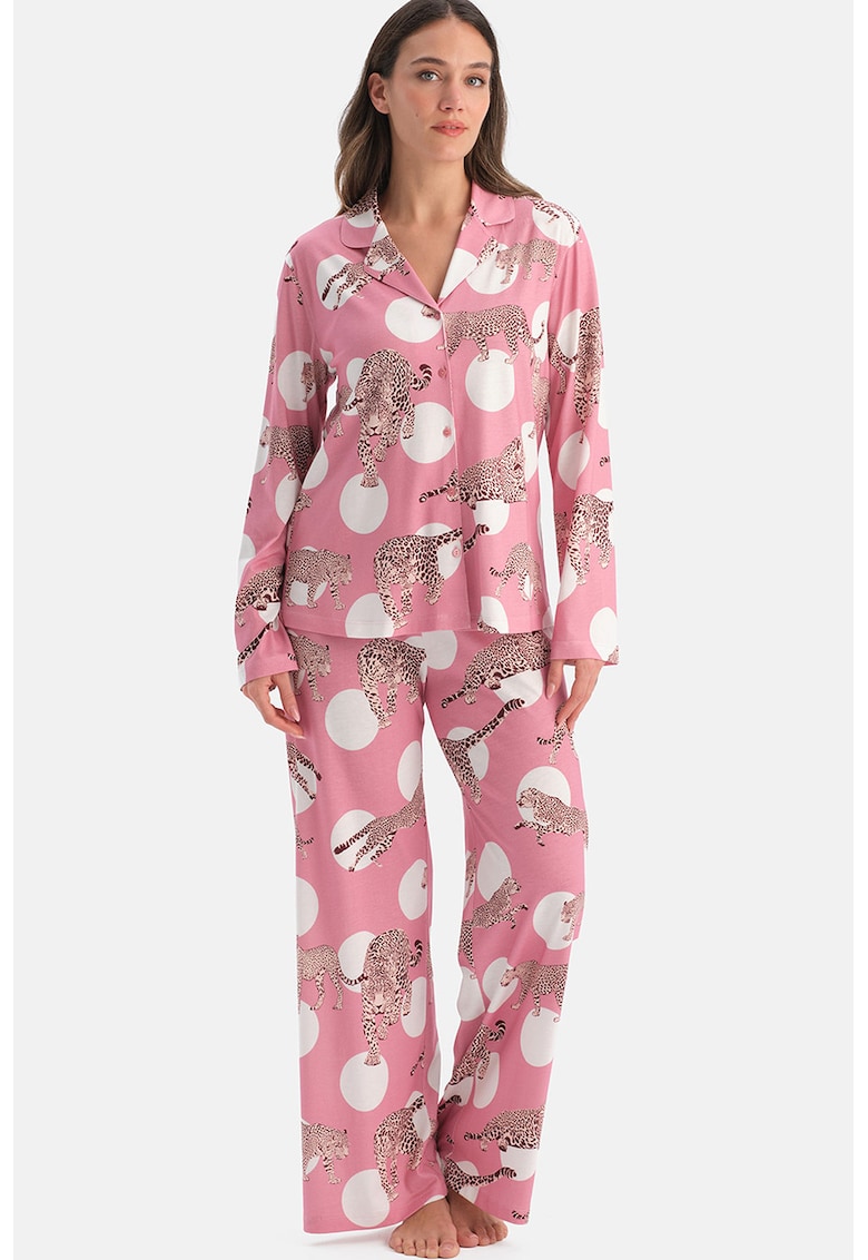 Pijama lunga din amestec de modal - Alb/Roz