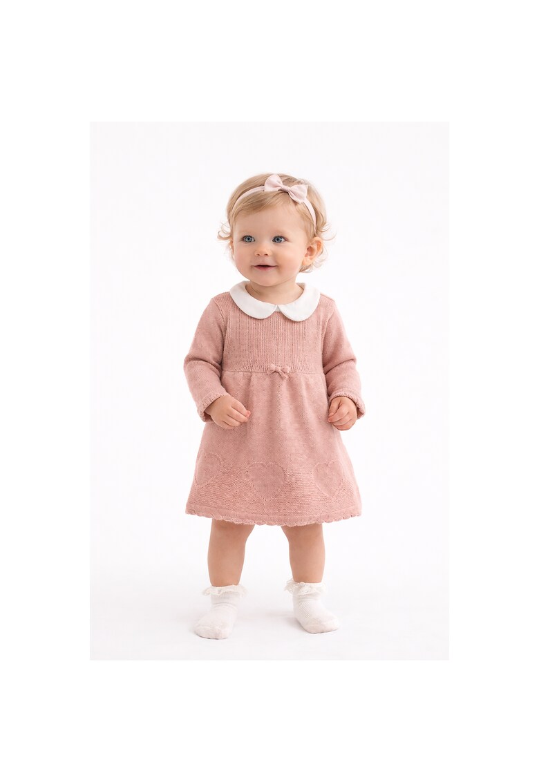 IDO Rochie de bumbac tricotata cu guler rotund Alb fildes Roz prafuit