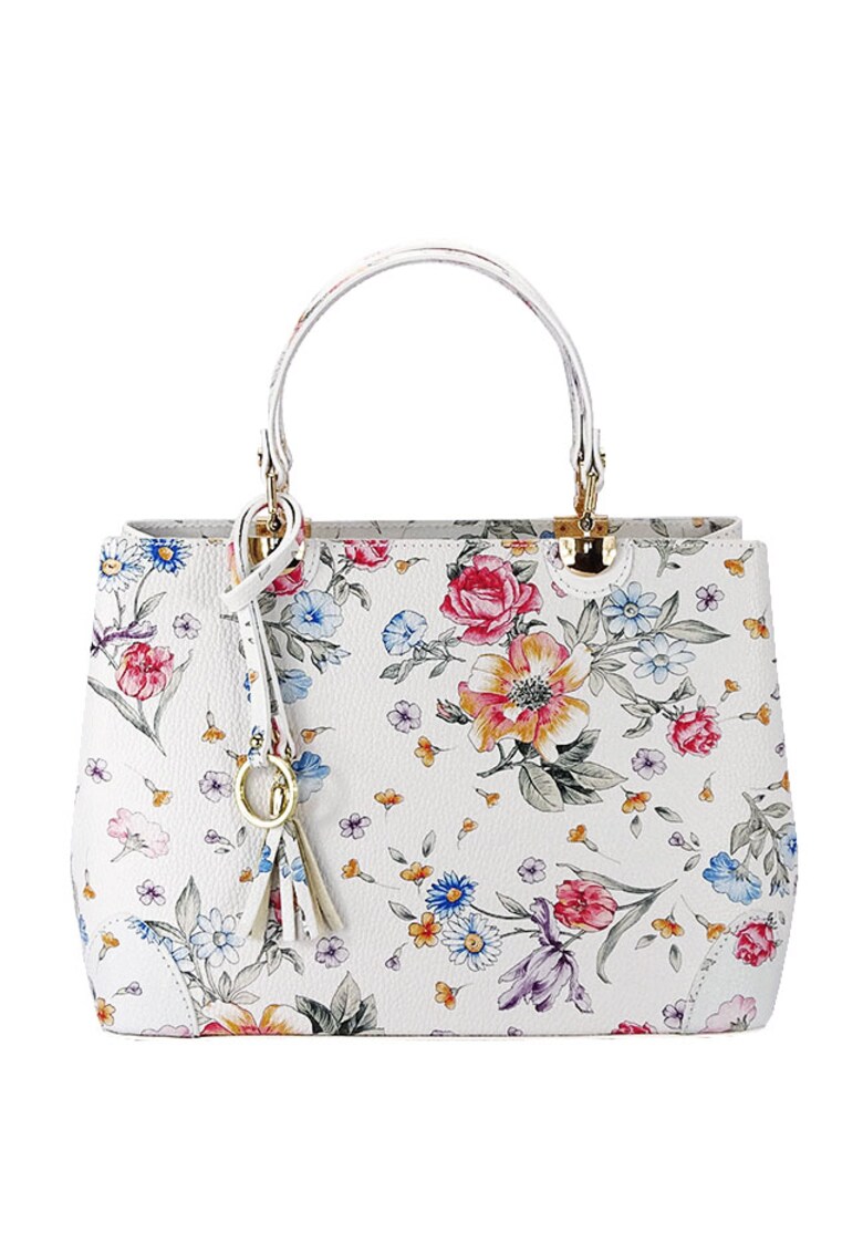 Geanta alba cu imprimeu floral din piele naturala 1330 M9 19198 - Alb