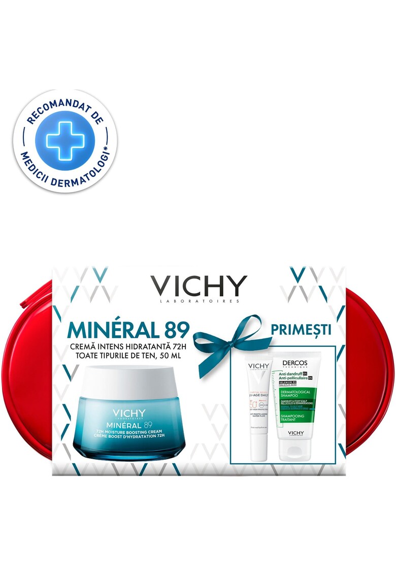 Trusa: Mineral 89 Legere Crema Intens Hidratanta 72H pentru Toate Tipurile de Ten - 50 ml + Șampon Tratament Anti-Matreața Dercos - 50 ml + Fluid Protector Capital Soleil UV-AGE DAILY SPF50+ - 15 ml