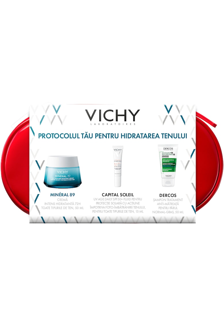 Trusa: Mineral 89 Legere Crema Intens Hidratanta 72H pentru Toate Tipurile de Ten - 50 ml + Șampon Tratament Anti-Matreața Dercos - 50 ml + Fluid Protector Capital Soleil UV-AGE DAILY SPF50+ - 15 ml