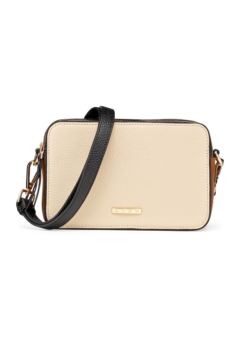 Geanta crossbody de piele cu doua compartimente - Alb fildes/Portocaliu stins