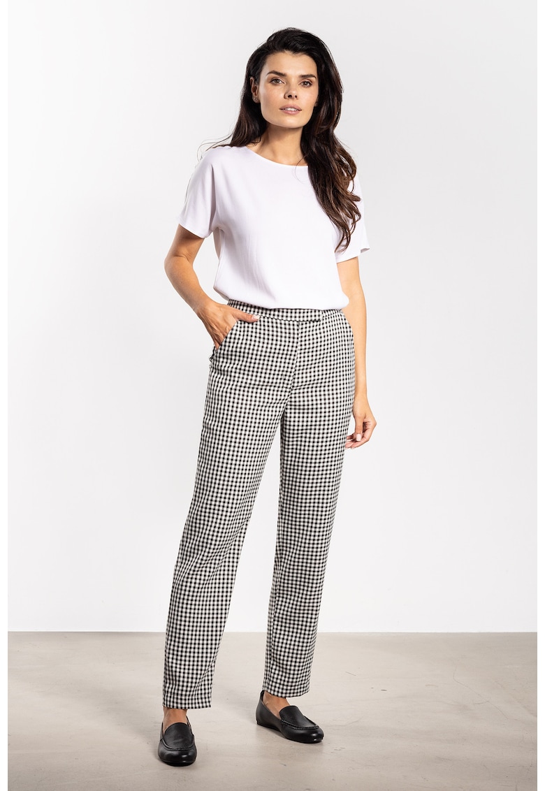 Pantaloni dama - poliester/elastan - carouri alb/negru - croiala clasica - buzunare laterale