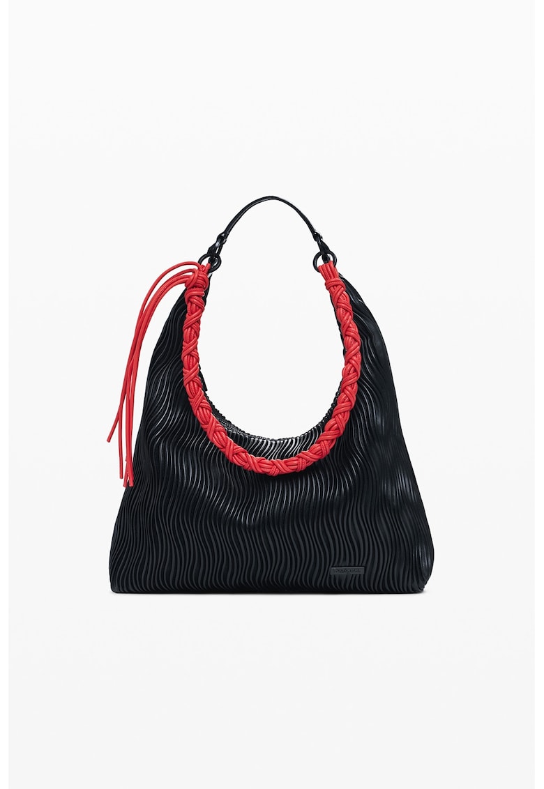 Geanta de umar cu aspect striat si bareta contrastanta - Negru/Rosu corai