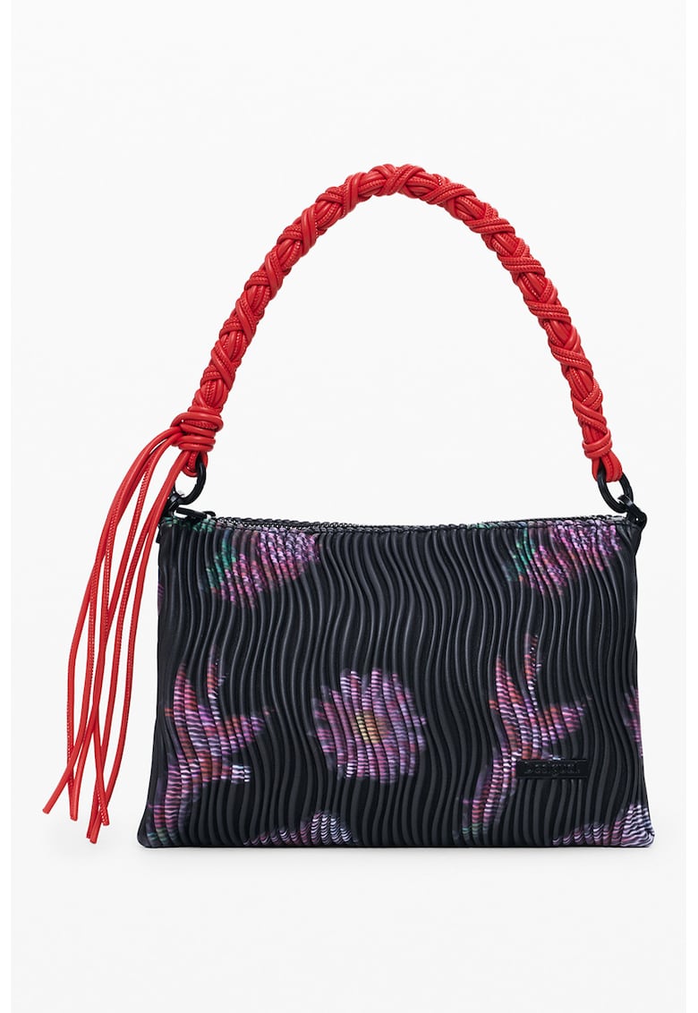 Geanta de piele ecologica cu bareta de umar si model - Negru/Violet