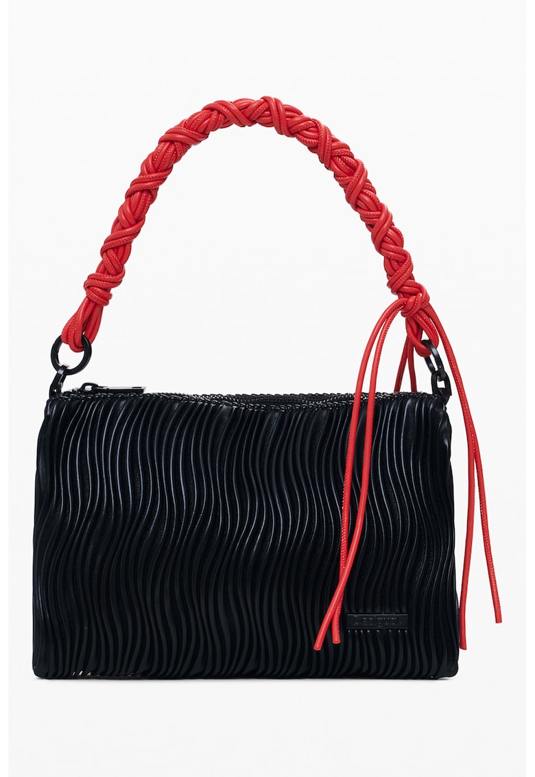 Geanta texturata din piele ecologica cu bareta de umar - Negru