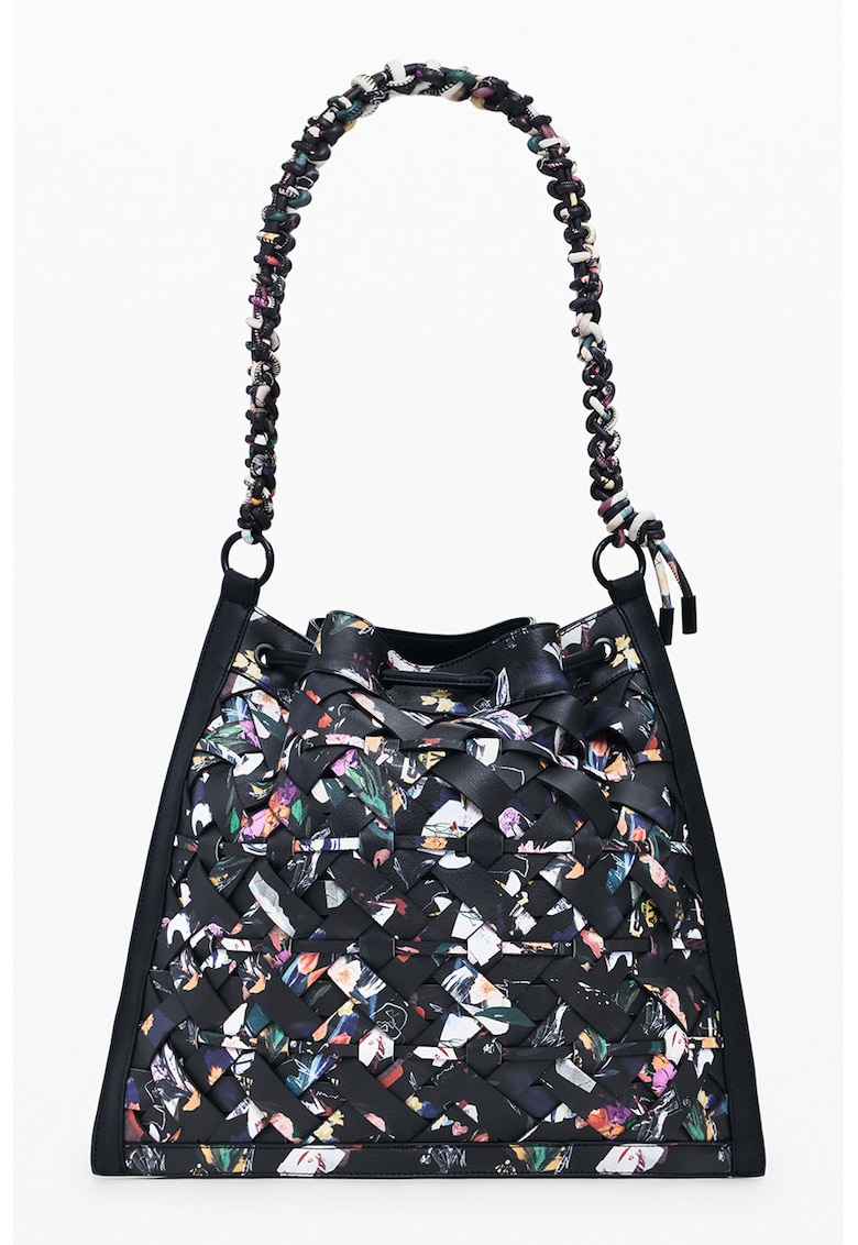 Rucsac de piele ecologica cu model tesut - Alb/Negru