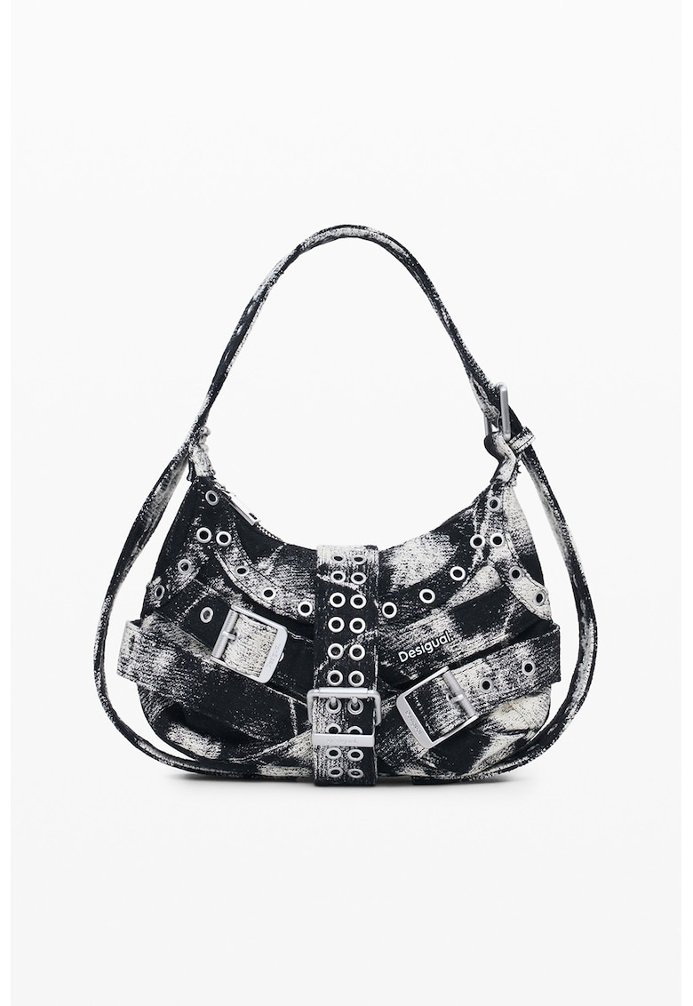 Geanta de umar din material textil cu catarama - Alb fildes/Negru antracit