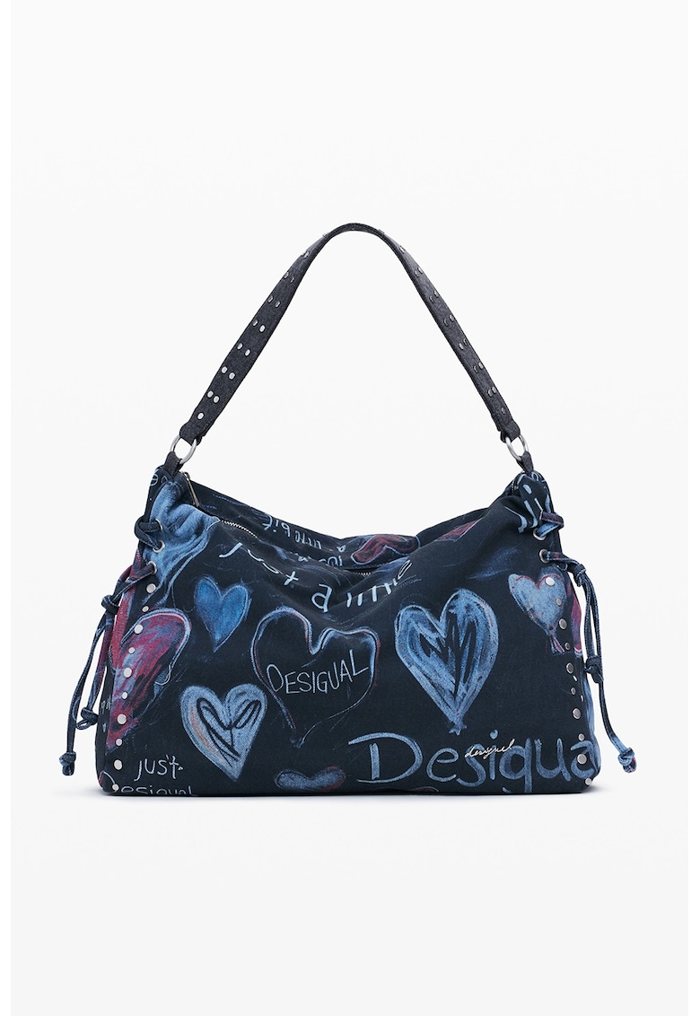 Geanta din material textil cu fermoar si bareta de umar - Fucsia/Bleumarin