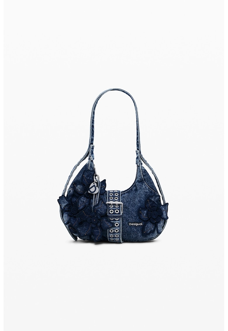 Geanta de denim cu bareta de umar - Albastru melange/Bleumarin