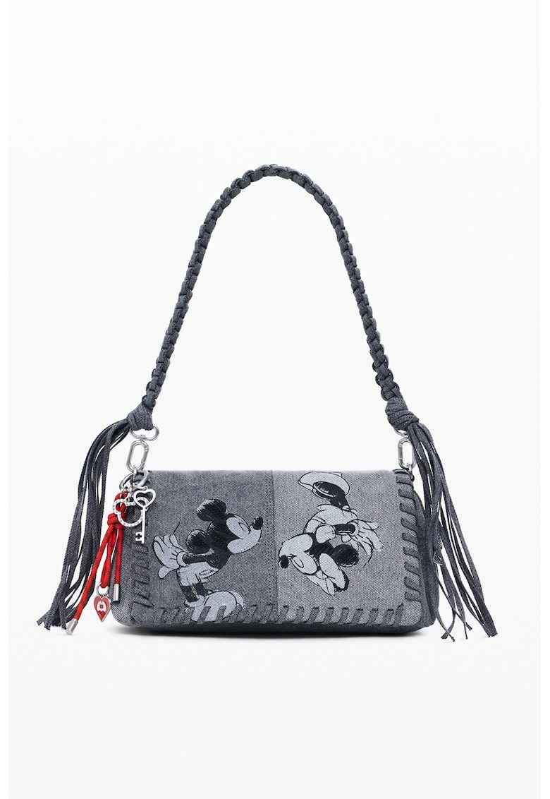 Geanta crossbody de denim cu imprimeu cu desene - Negru/Gri melange