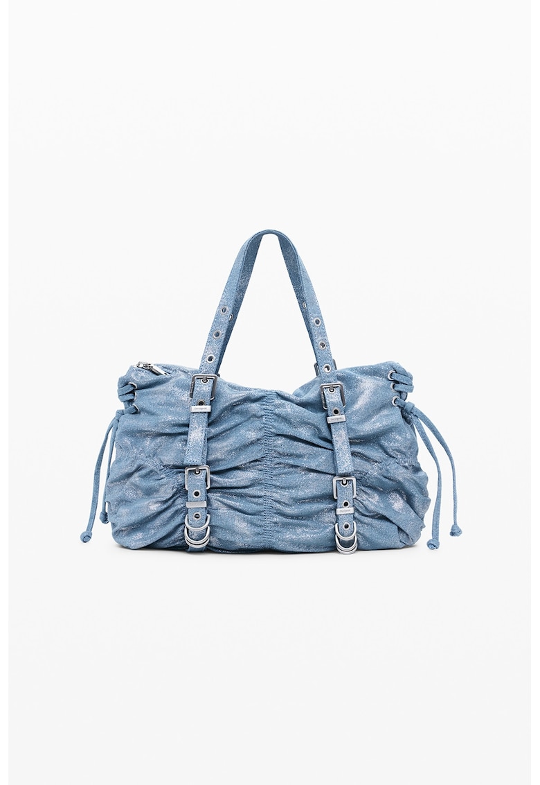 Geanta de denim cu bareta de umar si fermoar - Albastru pastel