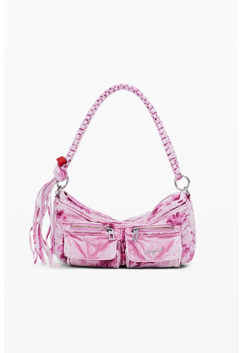 Geanta de denim cu bareta de umar si imprimeu floral - Fucsia/Roz bombon