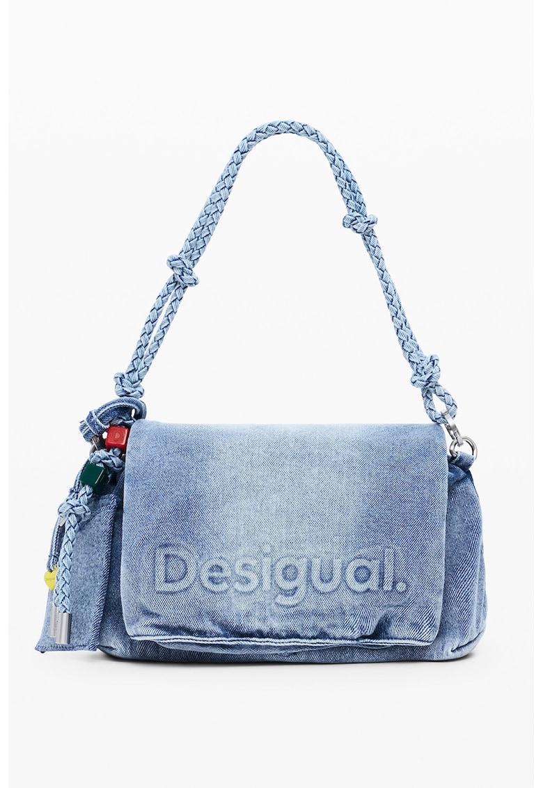 Geanta de denim cu bareta de umar si logo - Albastru deschis melange