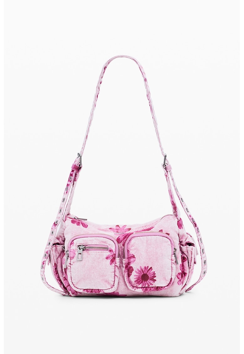 Geanta din denim cu bareta de umar - model floral si buzunare - Fucsia/Roz bombon