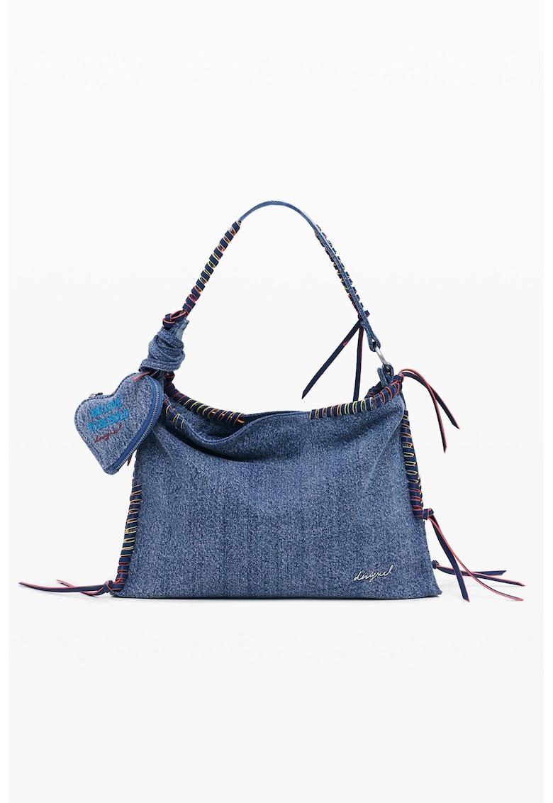 Geanta din denim cu bareta de umar si buzunar exterior cu fermoar - Albastru melange