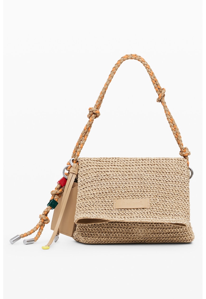 Geanta din paie de hartie cu bareta de umar si doua compartimente - Maro nisip