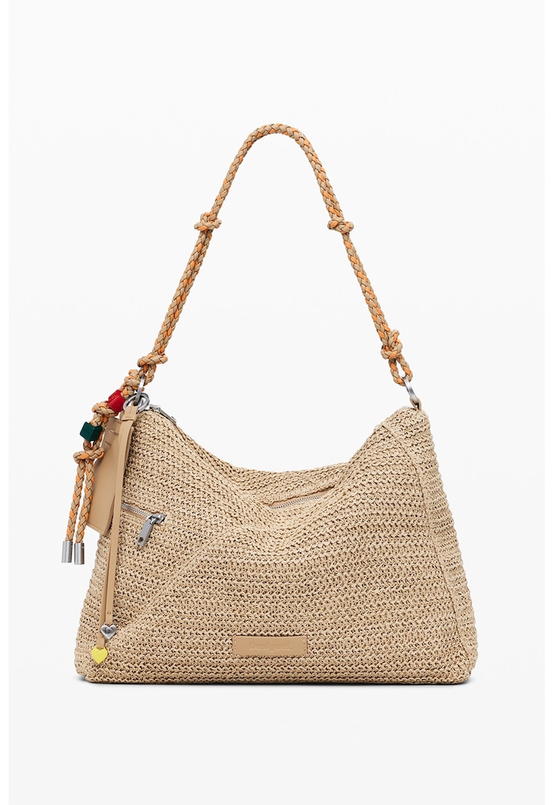 Geanta din paie de hartie cu bareta de umar si buzunar exterior cu fermoar - Maro nisip